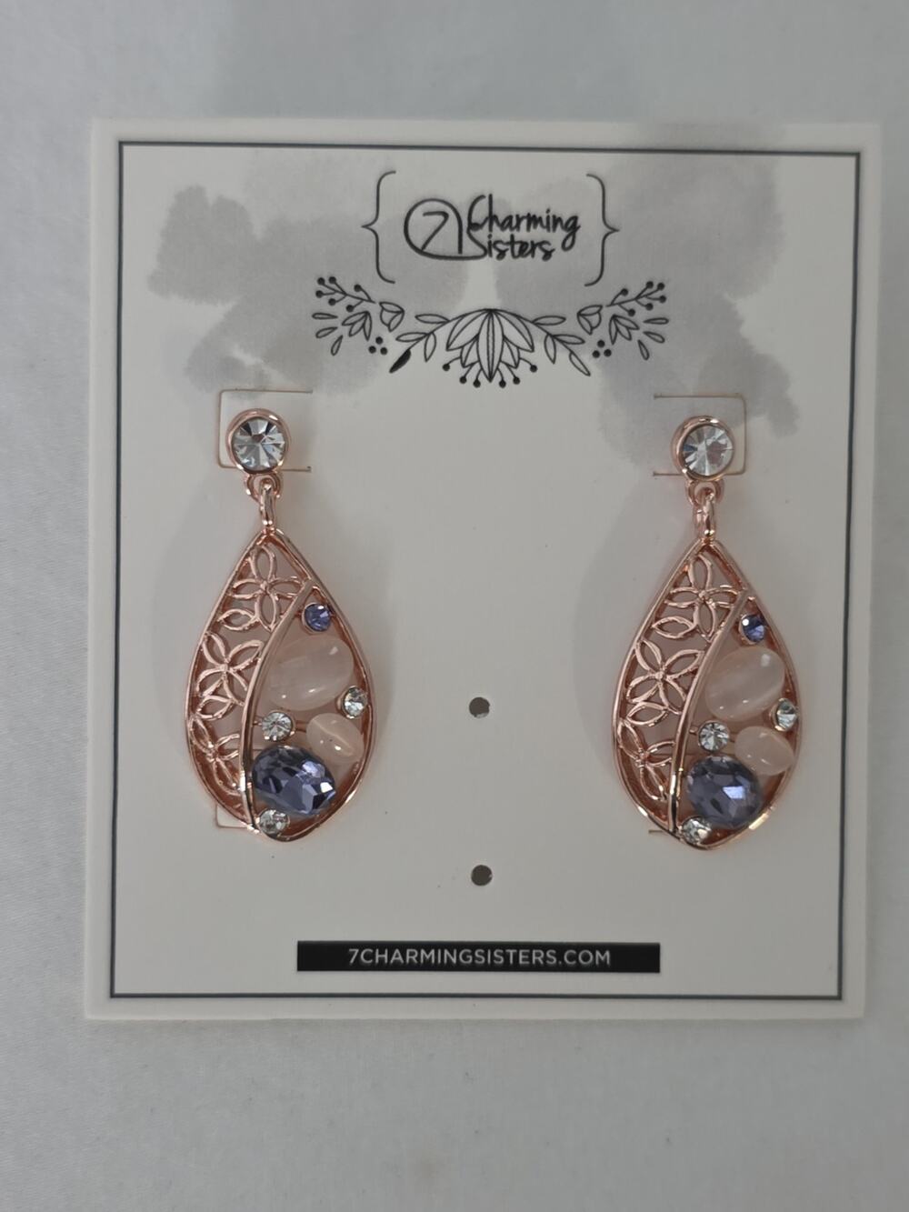 Fancy Rose Gold Tone Teardrop Filigree Dangle Earrings Purple Clear & Cat's Eye